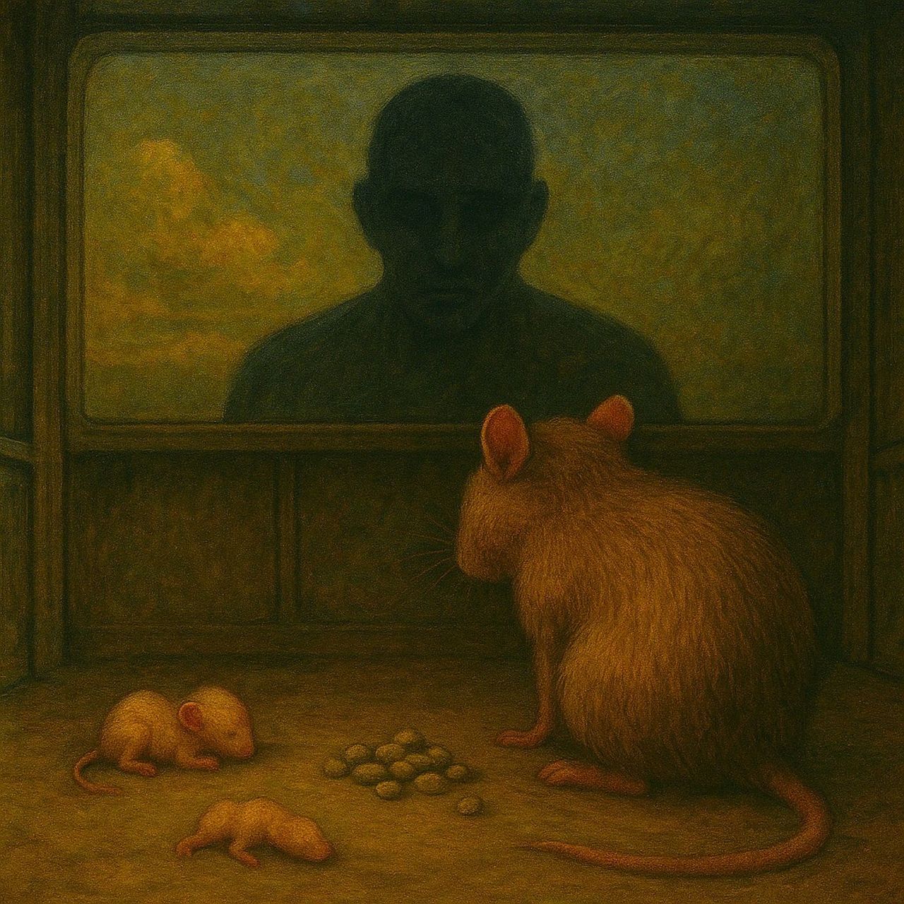 "A folorn mother mouse abandons her babies as a shadowy human watches on"