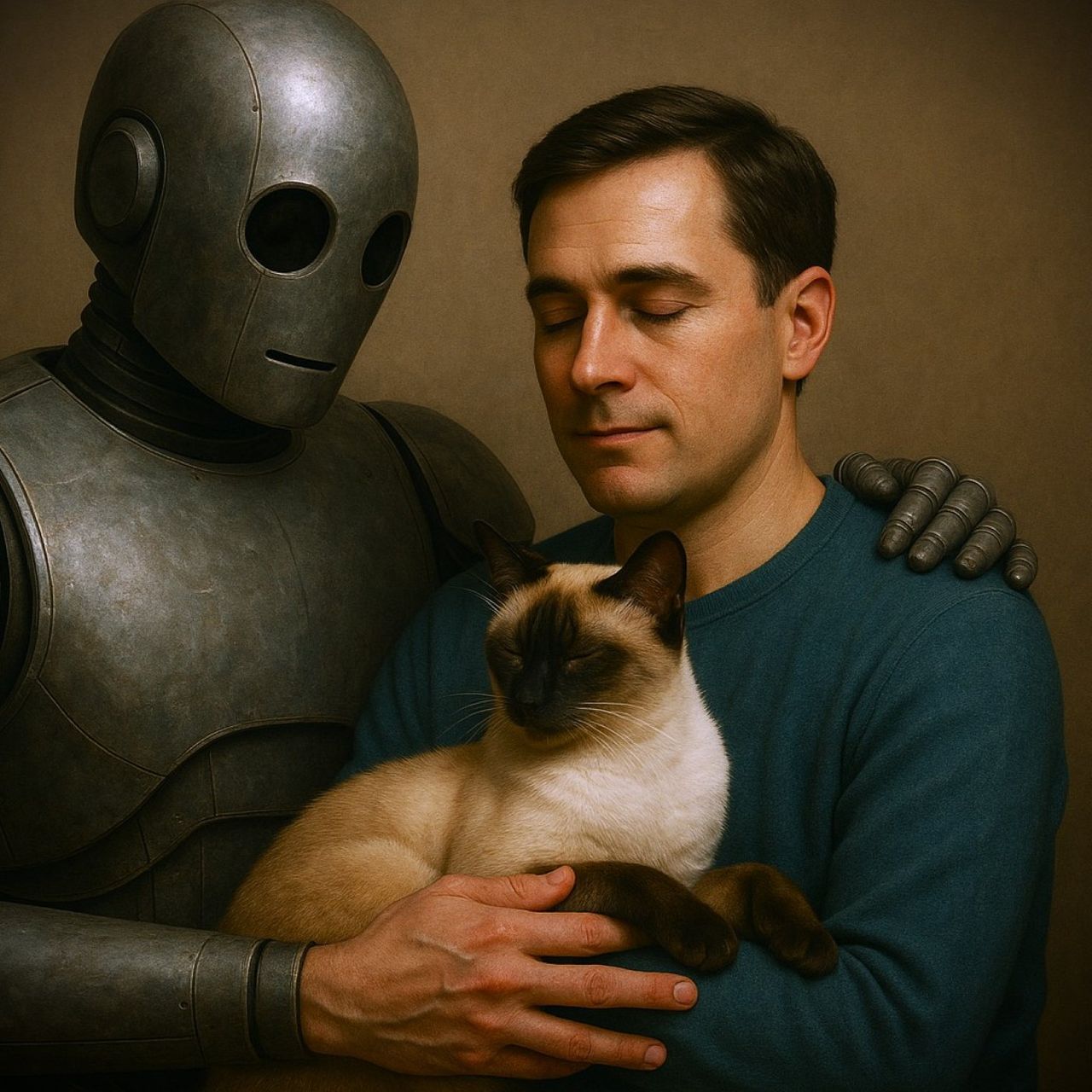 "A robot affectionately hugs a human pet"