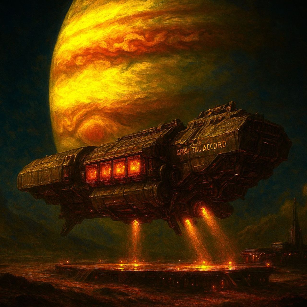 "An asteroid mining ship of the 404a class approaches a megnetic dock on Callisto"