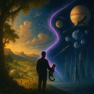 A man, in silhouette, hlods his pet cat and observes a paranorama of earth and of heaven, the latter being the domain of Colloquium.