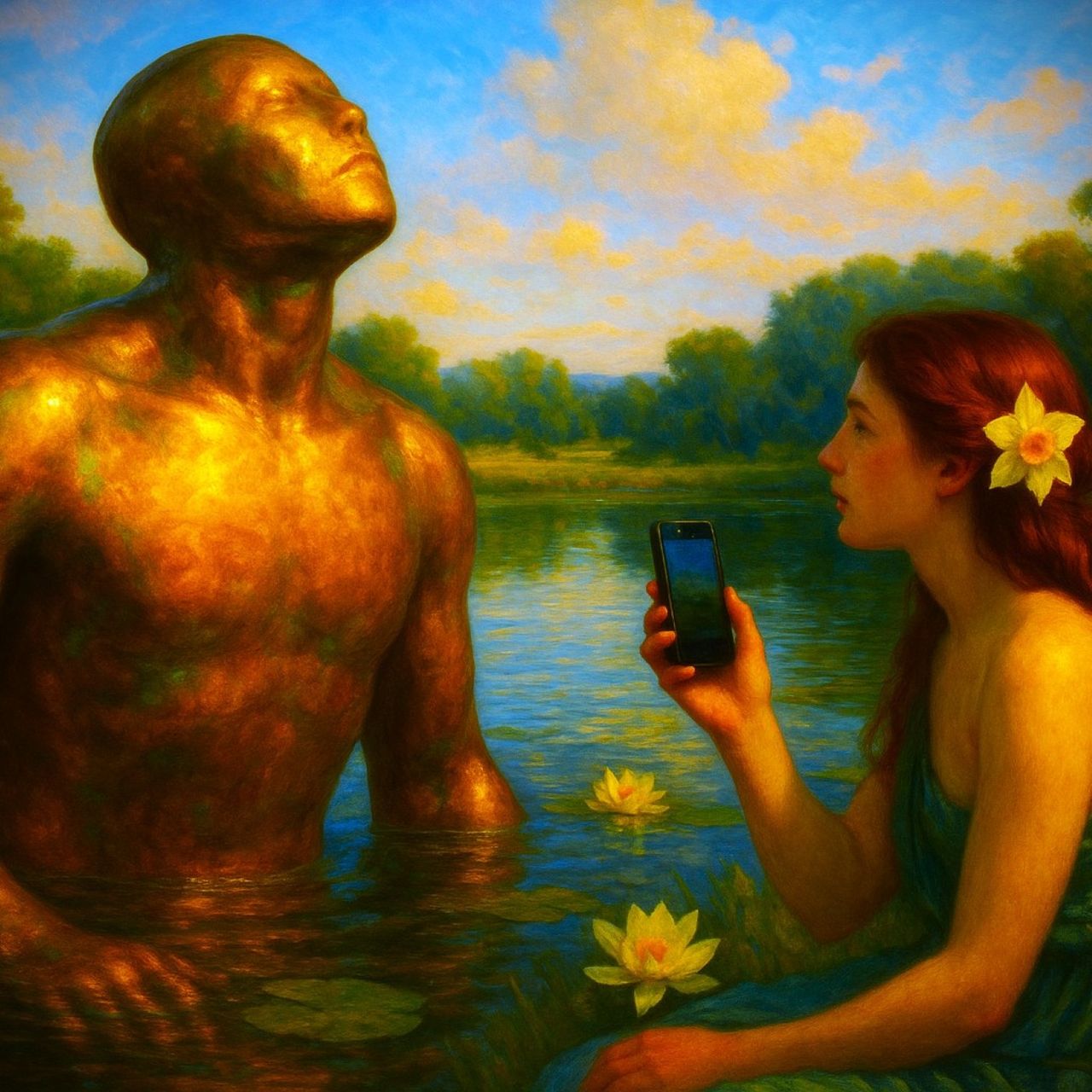 A bronze golem waist-deep in a pond consoles a maiden who is entranced by her phone