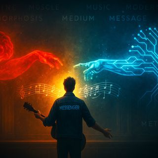 A sillouette of Eli Mercer's back as he looks at a representation of Michelangelo's 'The Creation of Adam' fresco, with the 'God' side replaced by an AI entity with an arm. The words 'The Message' are written on Eli's denim jacket.