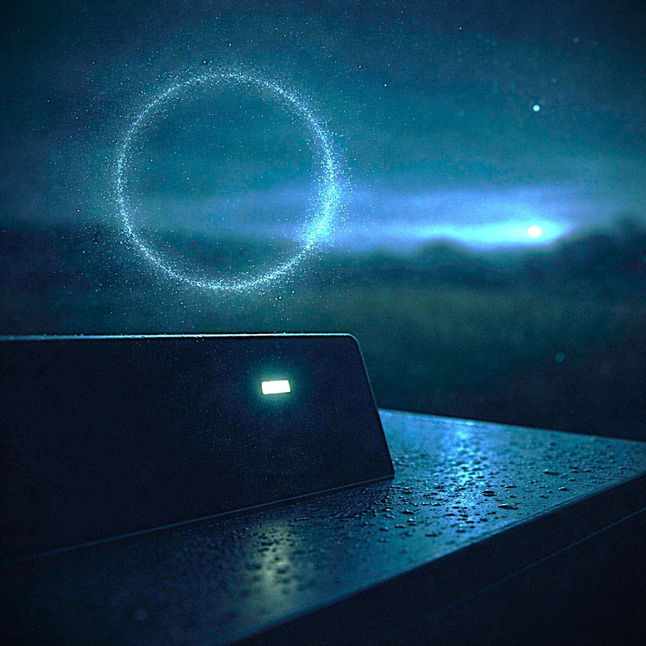 A cursor blinks on a terminal screen at dusk in a rainy field, with an apprition of a circular Ourobous hanging in the air.